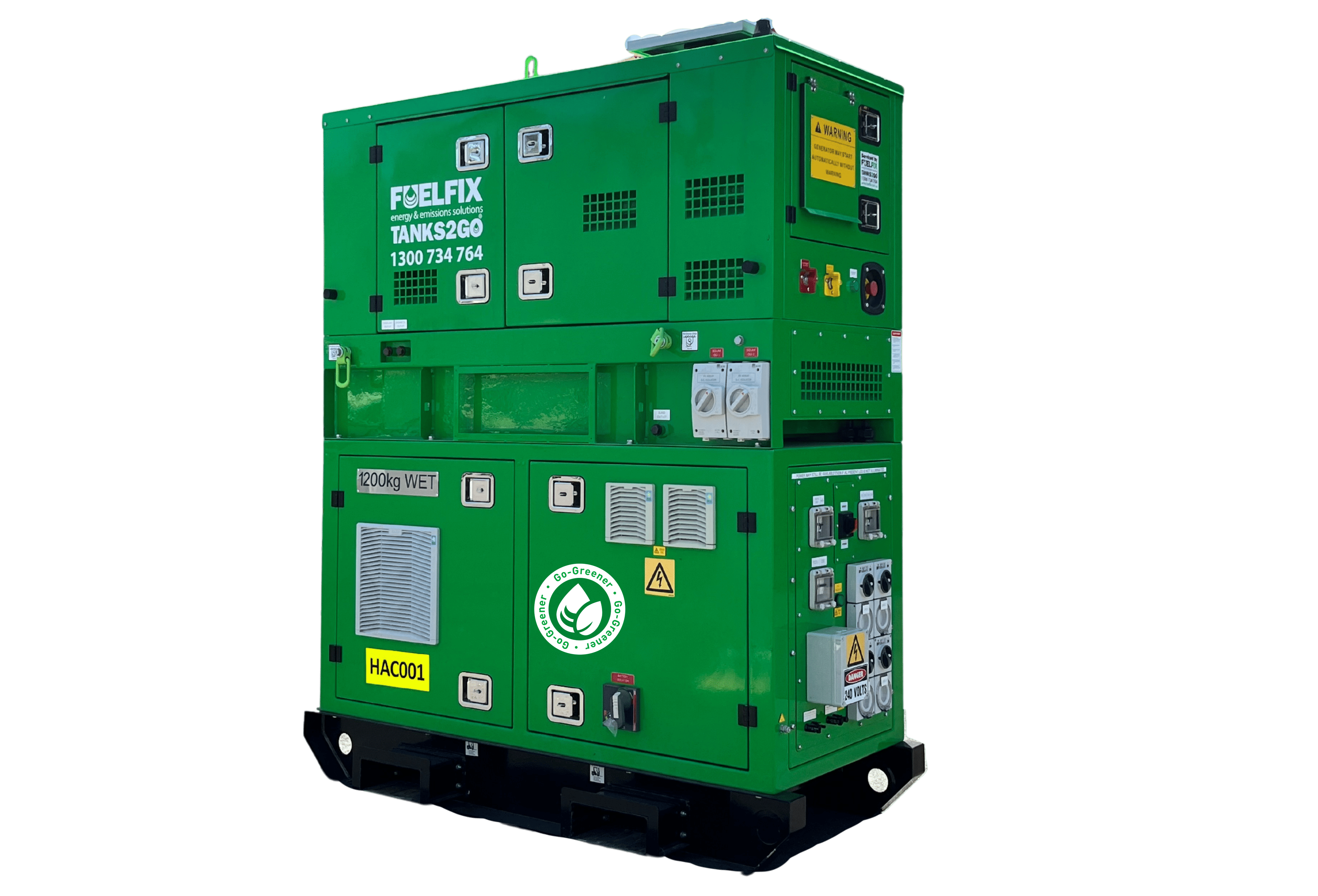Side profile of HESU15 hybrid power system highlighting forklift pockets and modular casing